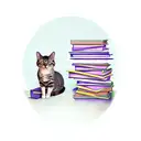 A realistic portrait of a cat sitting on a stack of purple books, each book representing a different quirky cat fact. tattoo design idea