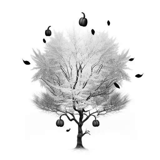 sleeve, gothic black and white with trees pumpkins falling leaves tattoo design idea