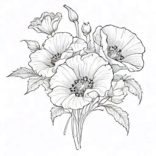 Poppy, sweet pea, morning glory flower bouquet tattoo design idea