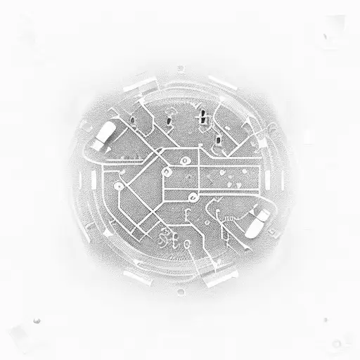 A detailed circuit board design incorporating elements of games and electronics, with a subtle nod to the importance of sleep for a security professional tattoo design idea