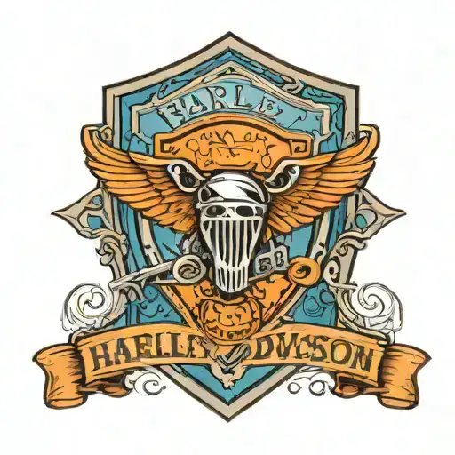 harley davidson bar and shield with layered blue mountain scene in center tattoo design idea