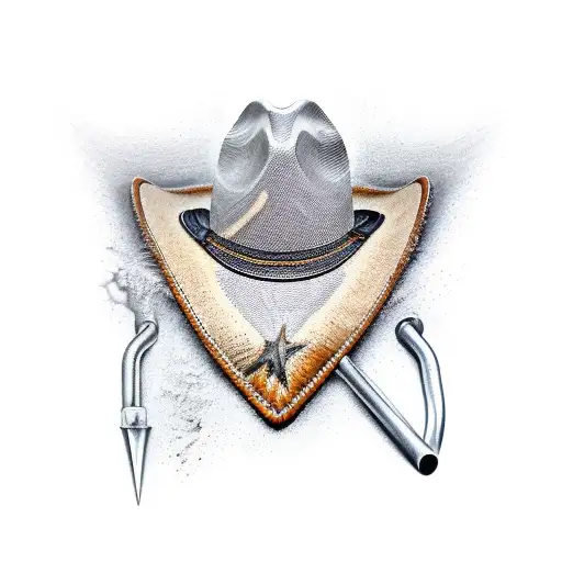 cowboy hat haninon a standing shovel with a pair of cowboy boots at the bottom of the shovel tattoo design idea