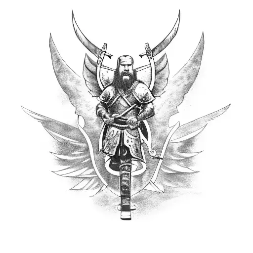 Viking warrior holding a sword in one hand and a fallen angel wing in the other tattoo design idea