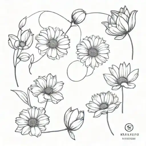 small mum, daisy, violet and poppy flowers blooming intertwined tattoo design idea