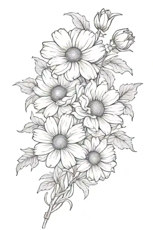 small mum, daisy, violet and poppy flower bouquet tied tattoo design idea
