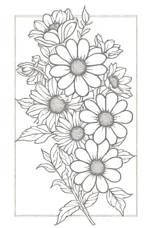 mum, daisy, violet and poppy flower bouquet tattoo design idea
