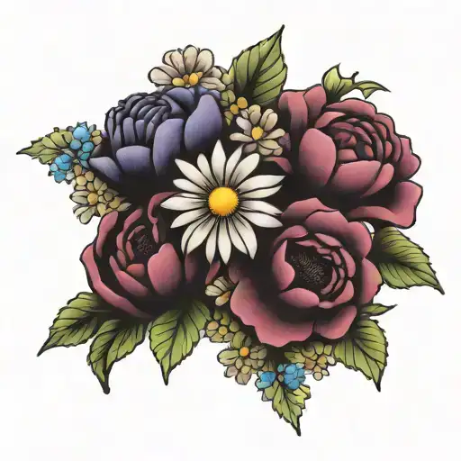 daisy, mums, violets, and poppy flower bouquet tattoo design idea