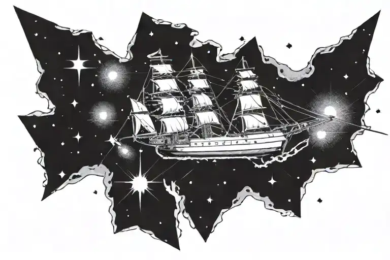 1700s ship in space in a meteor shower tattoo design idea