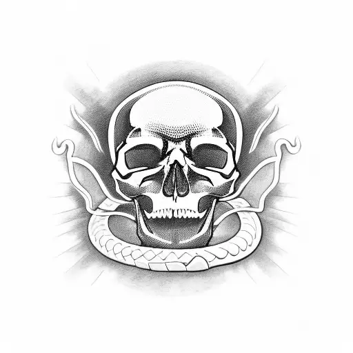 A skull wearing a motorcycle helmet, with a snake slithering around it and a nude woman silhouette in the background tattoo design idea