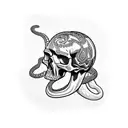 A skull wearing a motorcycle helmet, with a snake slithering around it and a nude woman silhouette in the background tattoo design idea