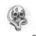 A skull wearing a motorcycle helmet, with a snake slithering around it and a nude woman silhouette in the background tattoo design idea