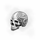 A skull wearing a motorcycle helmet, with a snake slithering around it and a nude woman silhouette in the background tattoo design idea