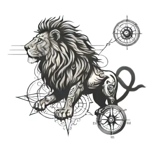 A lion with a compass rose as its mane tattoo design idea