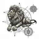 A lion with a compass rose as its mane tattoo design idea