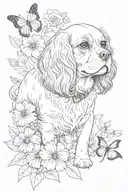 cavalier king charles spaniel playing in flowers with butterfly tattoo design idea