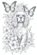 cavalier king charles spaniel playing in flowers with butterfly tattoo design idea