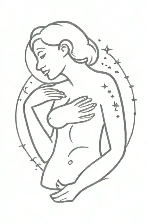 female torso hugging herself scribble brain stars cloud sun tattoo design idea