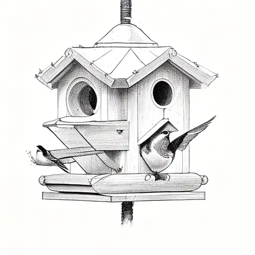 purple martins in bird house with black framing around it tattoo design idea