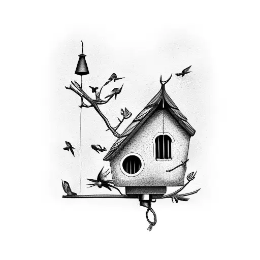purple martins in bird house with black framing around it tattoo design idea