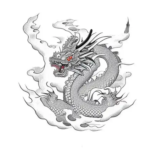 Express your admiration for Kaido and dragons with a traditional Japanese tattoo design featuring Kaido as a majestic dragon, surrounded by cherry blossoms and waves. tattoo design idea