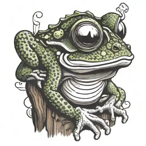 A whimsical frog with exaggerated features smoking a joint on a tree trunk, with psychedelic patterns in the background tattoo design idea