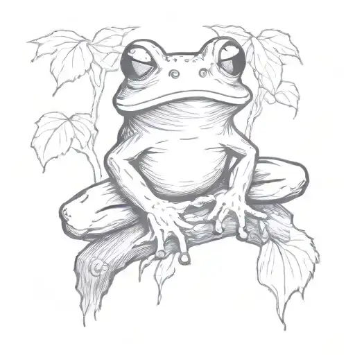 A sketch-style tattoo of a frog enjoying a joint on a tree trunk, with a playful and light-hearted feel tattoo design idea