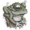 A whimsical frog with exaggerated features smoking a joint on a tree trunk, with psychedelic patterns in the background tattoo design idea