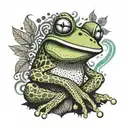A whimsical frog with exaggerated features smoking a joint on a tree trunk, with psychedelic patterns in the background tattoo design idea