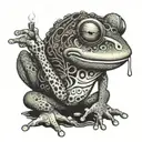 A whimsical frog with exaggerated features smoking a joint on a tree trunk, with psychedelic patterns in the background tattoo design idea