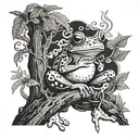 A frog sitting on a tree trunk smoking a joint surrounded by swirling smoke and nature elements tattoo design idea