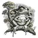 A frog sitting on a tree trunk smoking a joint surrounded by swirling smoke and nature elements tattoo design idea