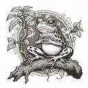 A frog sitting on a tree trunk smoking a joint surrounded by swirling smoke and nature elements tattoo design idea