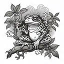 A frog sitting on a tree trunk smoking a joint surrounded by swirling smoke and nature elements tattoo design idea