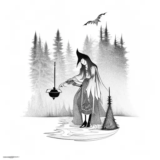 A witch brewing a potion in a pine forest tattoo design idea
