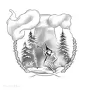 A witch brewing a potion in a pine forest tattoo design idea