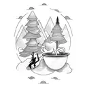 A witch brewing a potion in a pine forest tattoo design idea