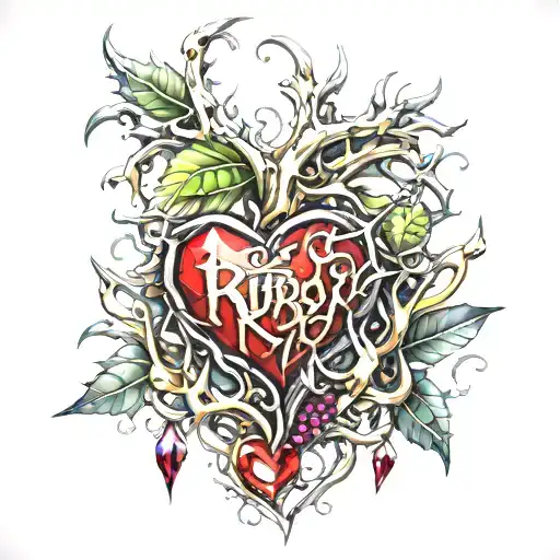 Crystal Deep Red Heart, The word "RUBY' in gold underneath, intricate silver thorns twisting around tattoo design idea