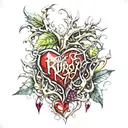 Crystal Deep Red Heart, The word "RUBY' in gold underneath, intricate silver thorns twisting around tattoo design idea