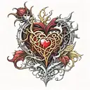 Crystal Deep Red Heart, The word "RUBY' in gold underneath, intricate silver thorns twisting around tattoo design idea