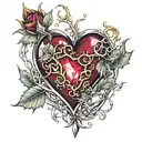 Crystal Deep Red Heart, The word "RUBY' in gold underneath, intricate silver thorns twisting around tattoo design idea