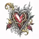 Crystal Deep Red Heart, The word "RUBY' in gold underneath, intricate silver thorns twisting around tattoo design idea