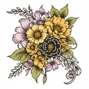 marigold, cosmo, violet and primeose flower stem bouquet black and white  tattoo design idea