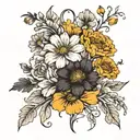 marigold, cosmo, violet and primeose flower stem bouquet black and white  tattoo design idea