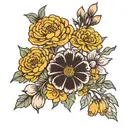 marigold, cosmo, violet and primeose flower stem bouquet black and white  tattoo design idea