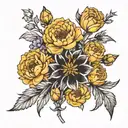marigold, cosmo, violet and primeose flower stem bouquet black and white  tattoo design idea