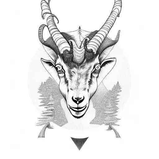 satanic goat with psychedelic mushrooms and pine trees tattoo design idea