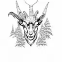 satanic goat with psychedelic mushrooms and pine trees tattoo design idea
