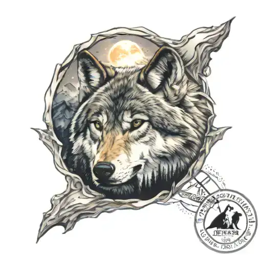 Wolf, full moon, mountains panorama tattoo design idea