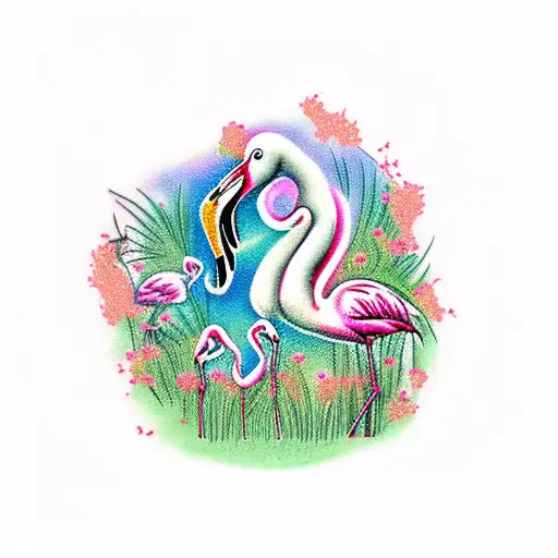 Yard Flamingos standing in grass tattoo design idea