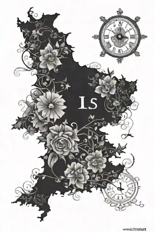 portugal map with clock and 2005 roman numeral and some flowers or something related to Portugal or Jesus to fill tattoo design idea